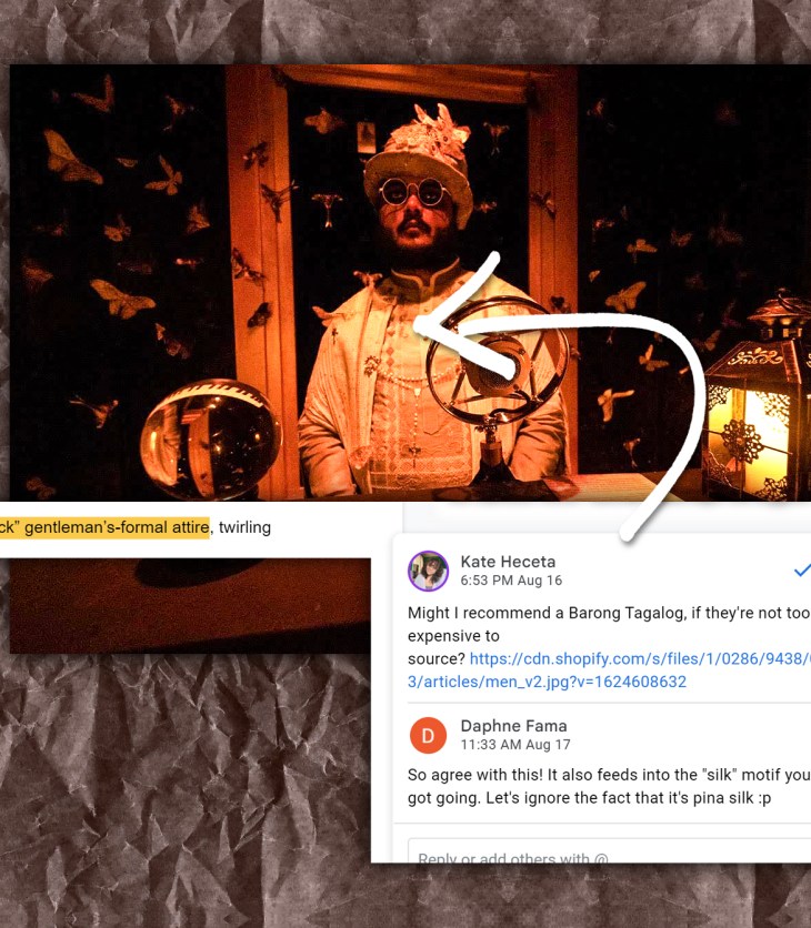Photo of actor Malex Reed wearing a barong in their costume, with Google Doc notes from sensitivity readers suggesting the detail!