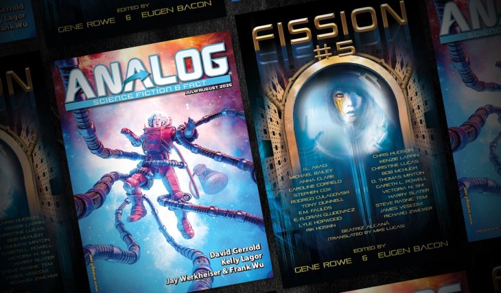 Covers for Fission #5 (anthology by the BSFA) and Analog Science Fiction and Fact's July/August 2025 issue